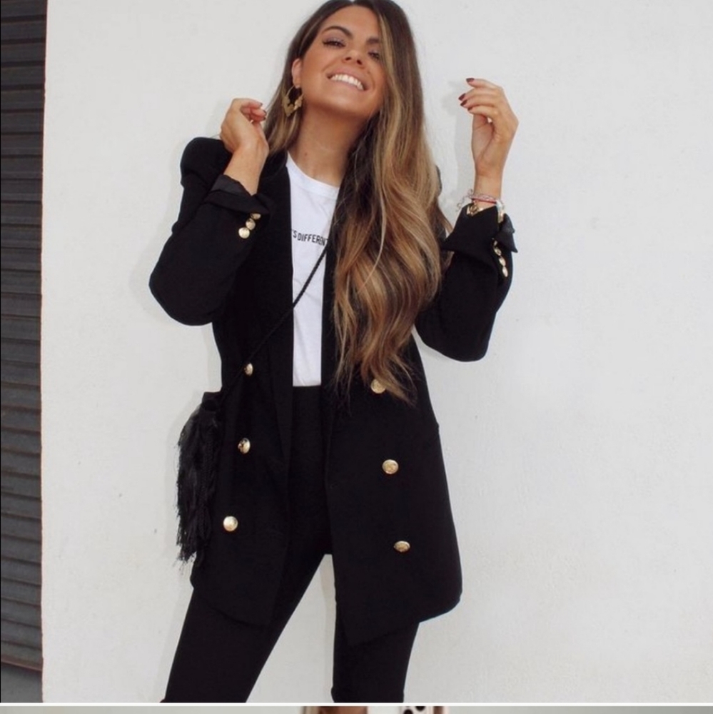 Zara Black Double-Breasted Blazer with Gold Buttons